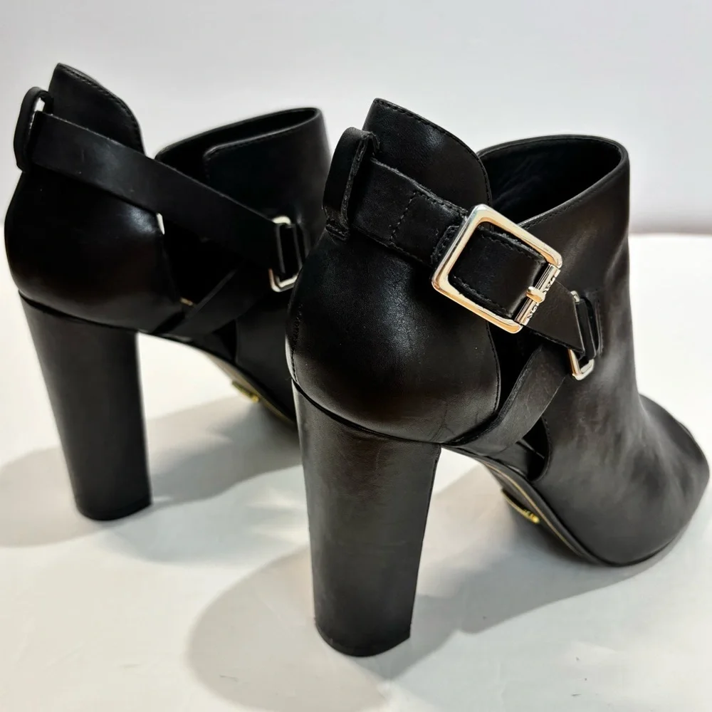 Lauren Ralph Lauren Kadence Black Leather Block Heel Open Toe Ankle Boot sandal
